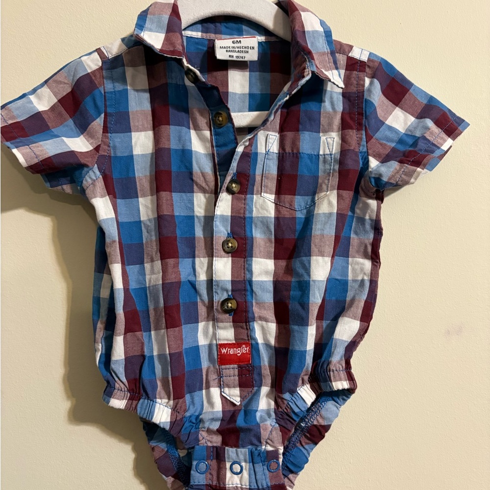 Wrangler brand infant‎ shirt boy's 6 month plaid bodysuit snap bottom collard